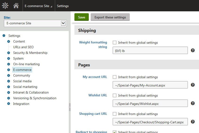 Configuring the E-commerce Solution settings