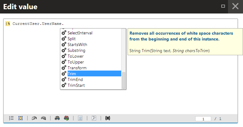 Autocomplete showing members available for string objects (UserName), with details of the selected macro method