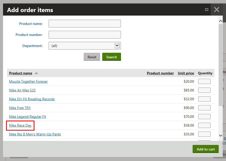 Adding the selected order item