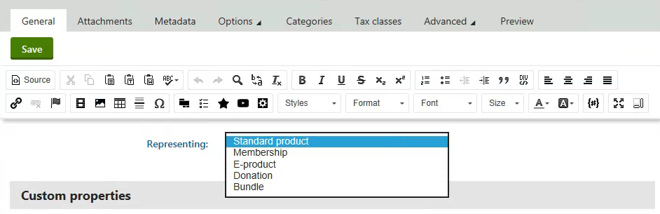 Editing a product - selecting a product representation