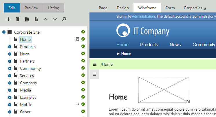 Wireframe inserted into the Home page