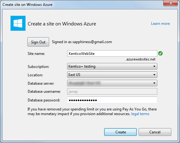 Creating a Windows Azure Web Site from Visual Studio