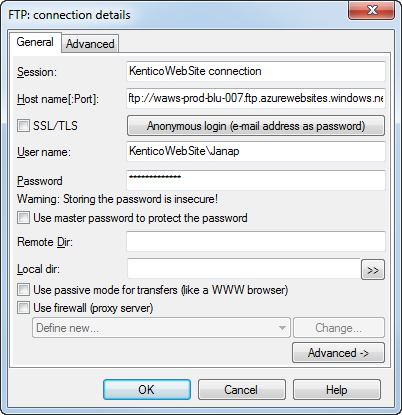 Creating an FTP connection to a created web site