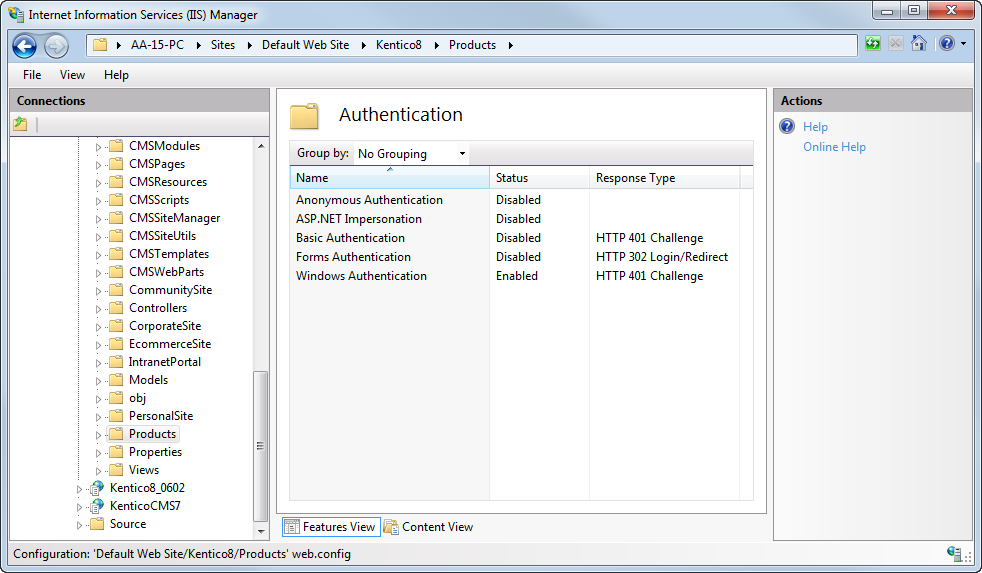 IIS authentication settings for the given folder