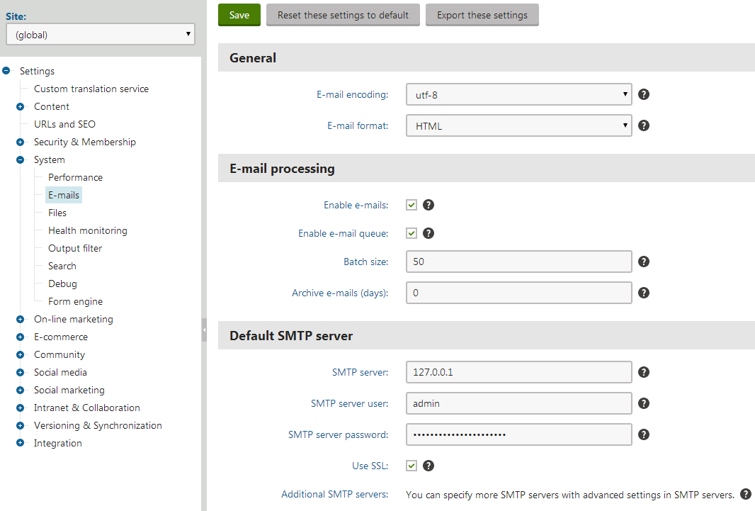 Configuring the primary global SMTP server