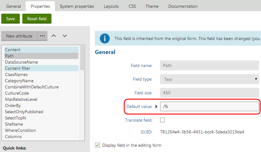 Setting the default value for the property of an inherited web part