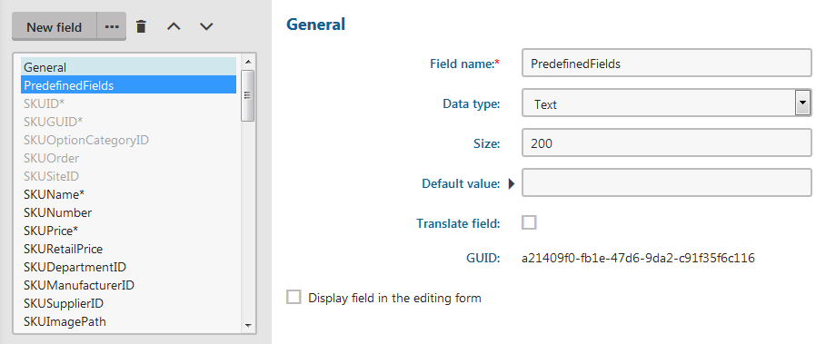Attributes of the field Predefined labels