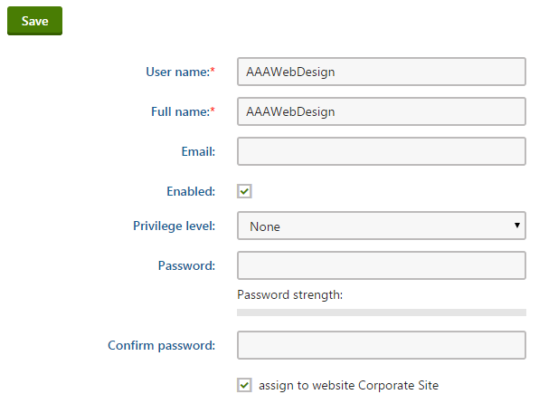 Creating the sample AAAWebDesign user