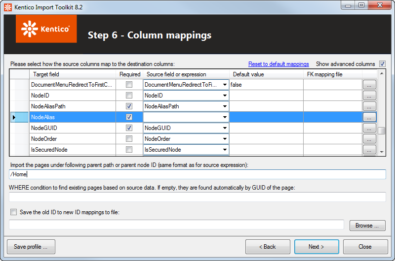 Adjust the column mappings for importing language versions of pages