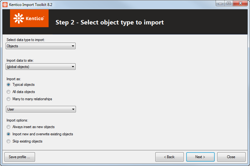 Selecting object types to import