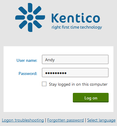 Log-on page to Kentico administration interface