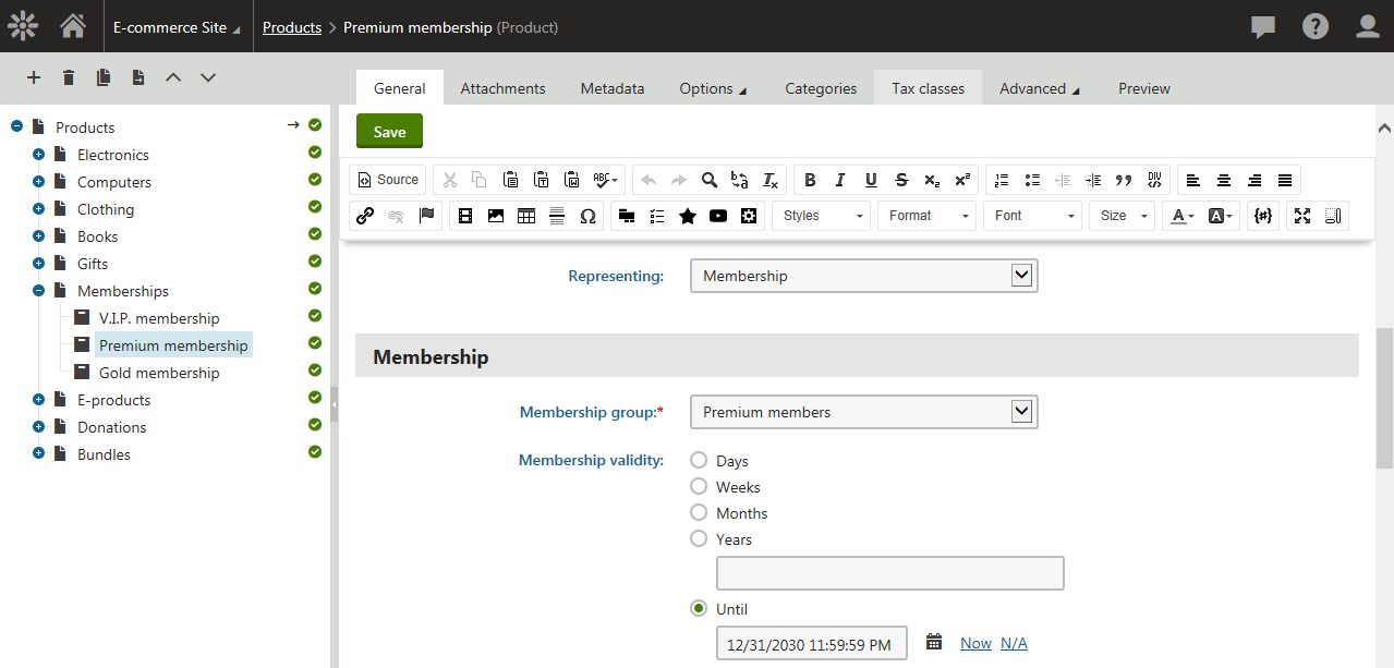 Defining membership product properties