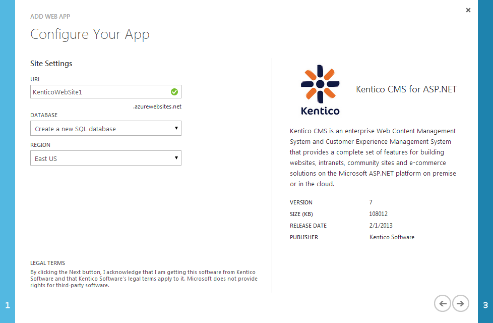 Creating the Windows Azure Web App with the Kentico package