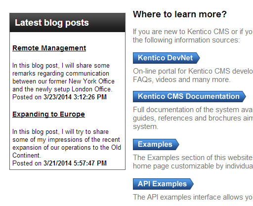 Widget displaying blog posts on the website