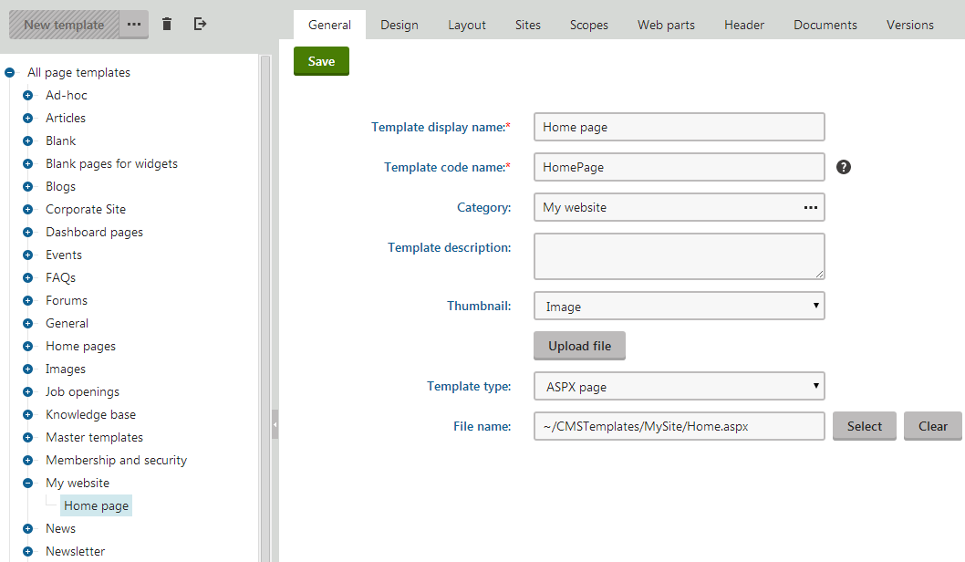 Registering the ASPX page template of the Home page