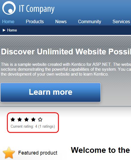 The Content rating web part placed on the home page