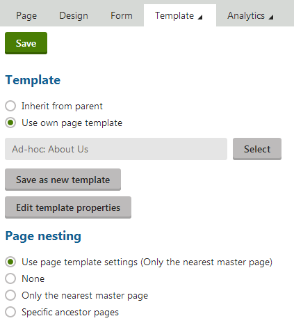 Setting the Template properties of a page