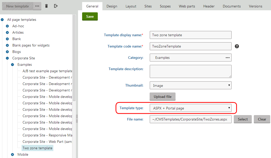Registering an ASPX page template with portal engine functionality