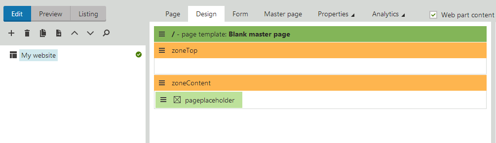 The blank master page of the new website on the Design tab