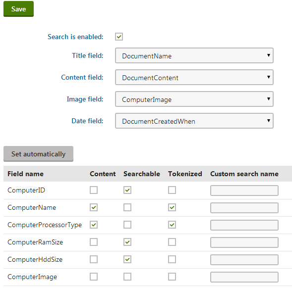 Configuring search field settings for a document type