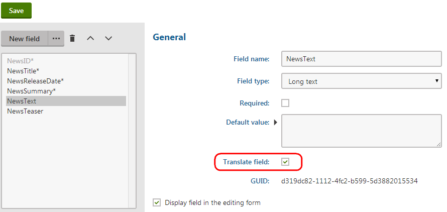 Enabling the Translate field flag for a page type field