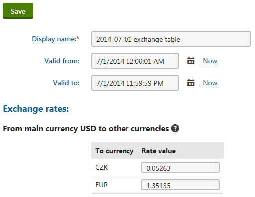 Editing an exchange rate table