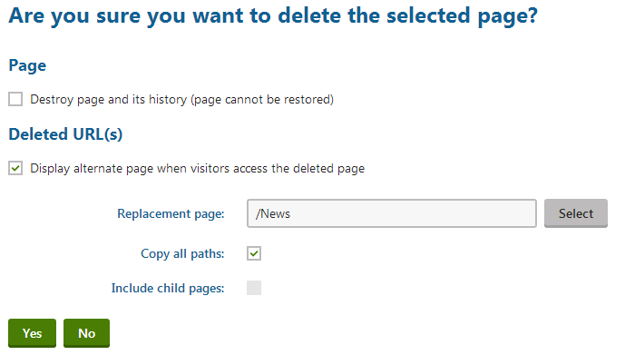 Setting a replacement page for a deleted page