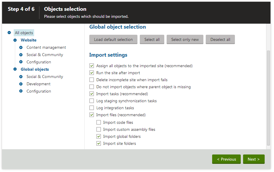 Selecting objects for import from the web template
