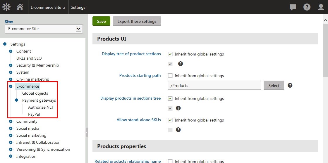 User interface in the Settings application - E-commerce category