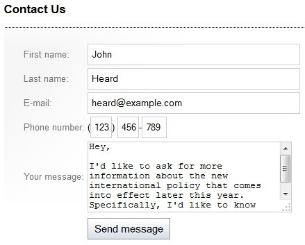 A Contact Us form placed on a page