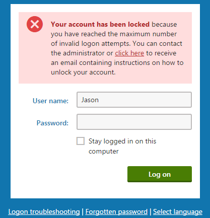 Locked account after exceeding the number of invalid logon attempts