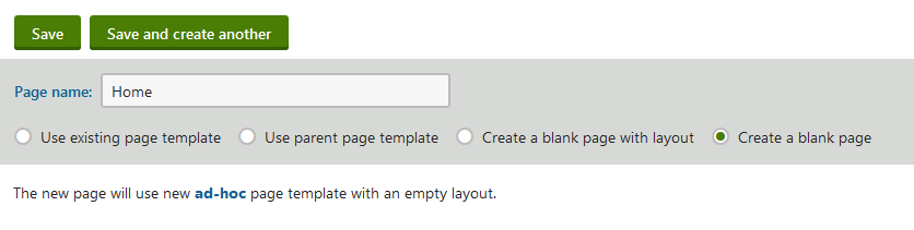 Typing the page name and selecting the page template type