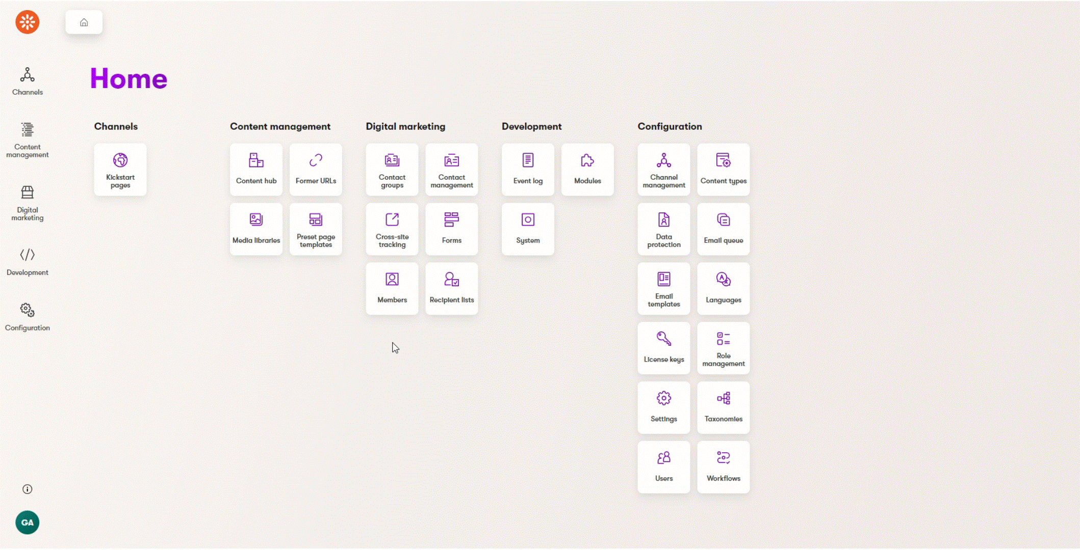 Screen recording of the admin UI dashboard, containing the Kickstart pages channel