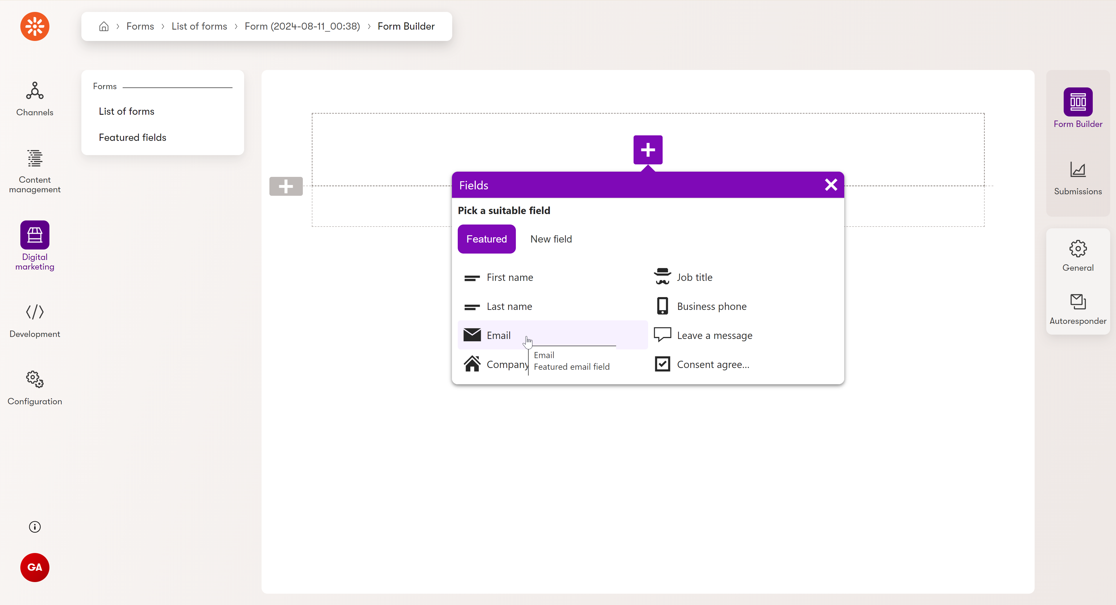 Adding fields using Form Builder