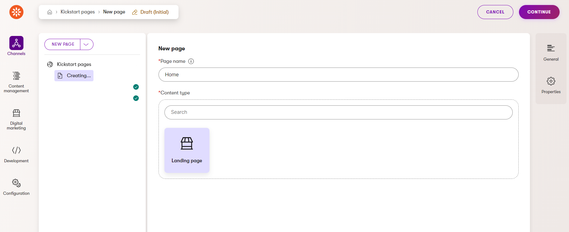 Screenshot of the new page dialog for the home page