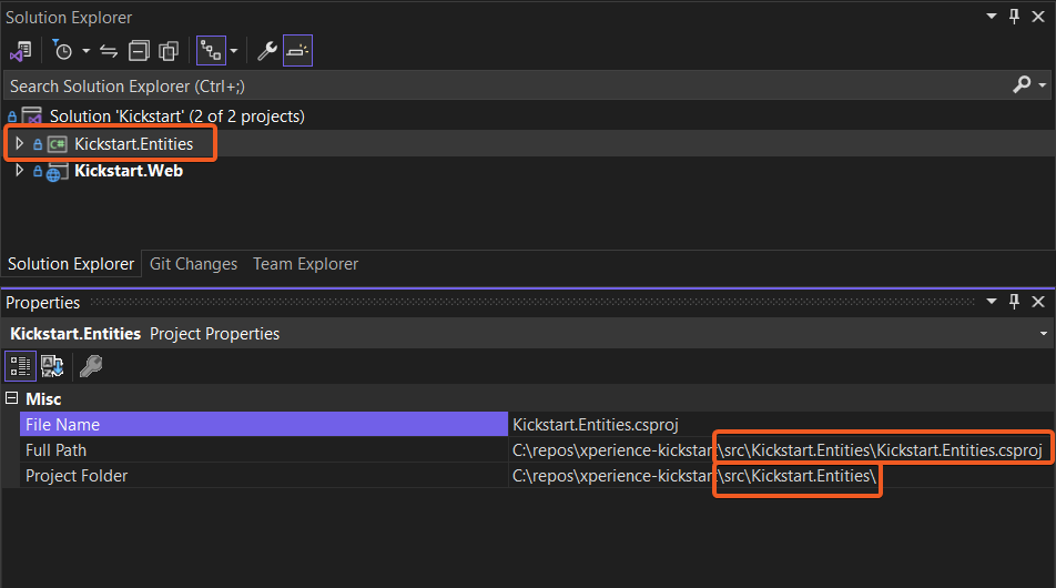 Screenshot of the Kickstart.Entities project and its folder