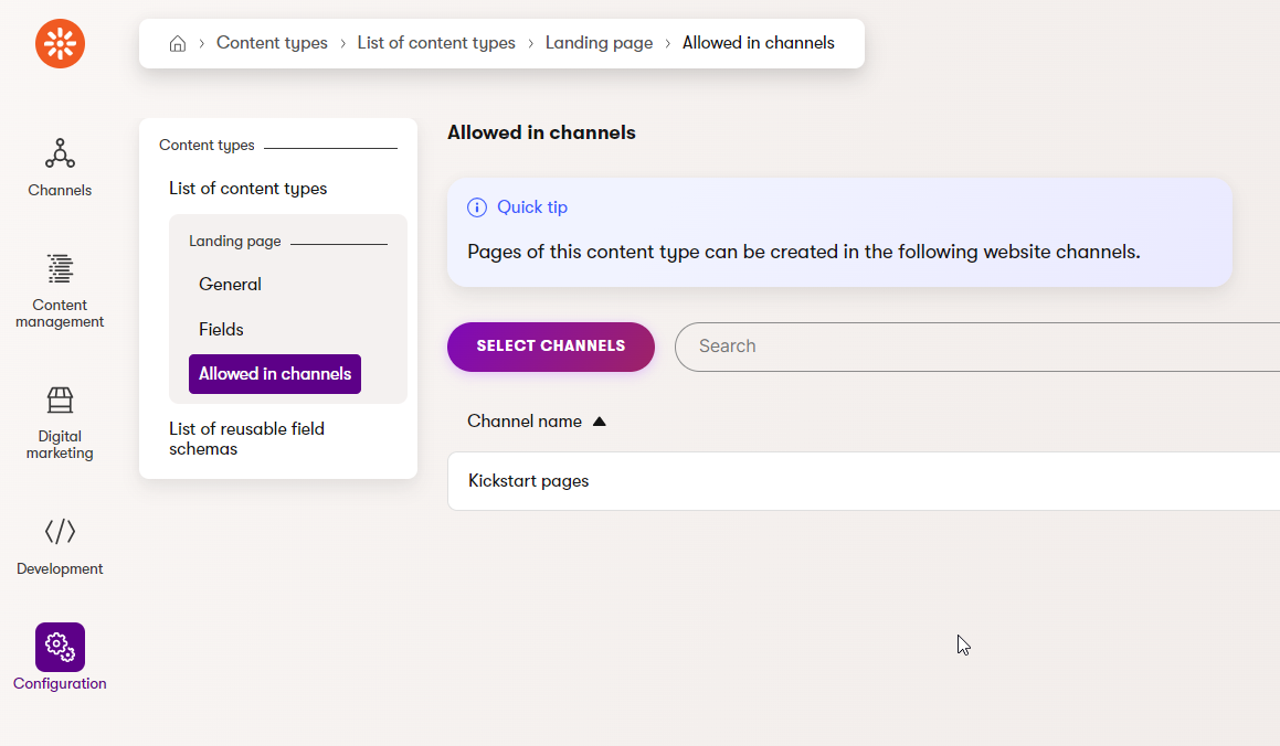 Screenshot of the landing page content type’s allowed channels