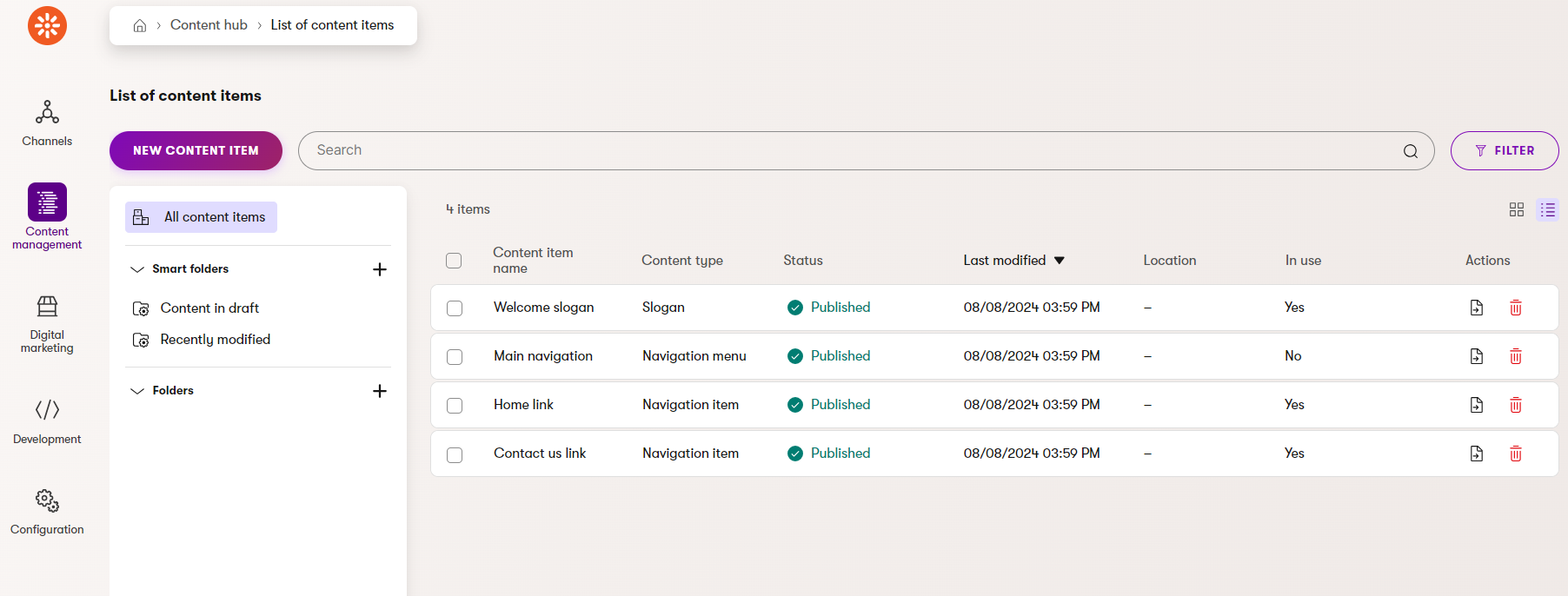 Screenshot of Content hub ‘All items’ listing