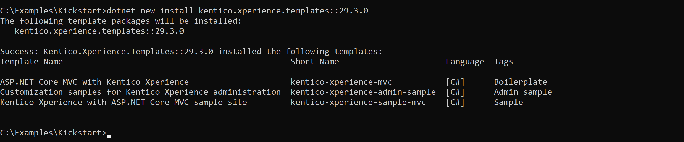 Command line output showing three Xperience templates have been installed successfully: Boilerplate, Admin sample and Sample