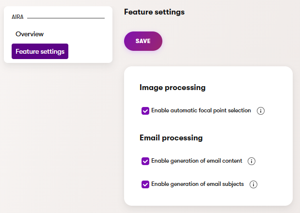 Feature settings of the AIRA application