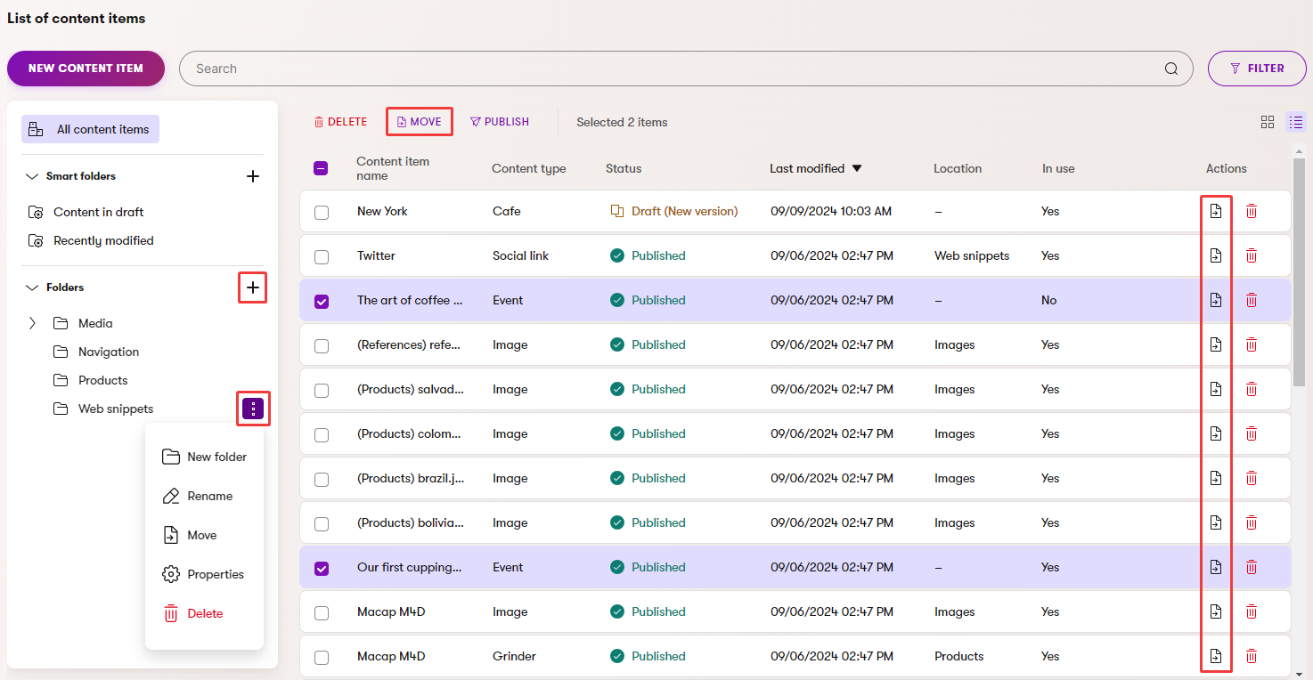 Overview of Content folder actions