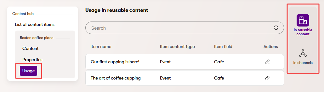 Content hub usage tab