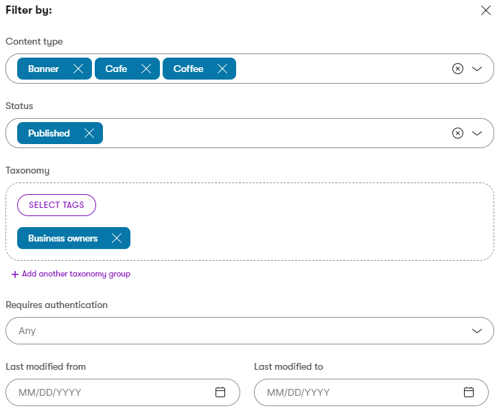 Filtering items in the Content hub application