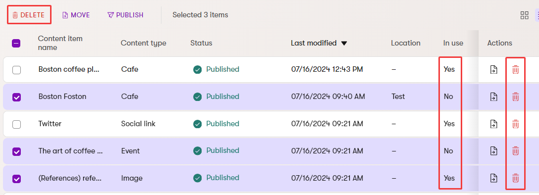 Delete content items