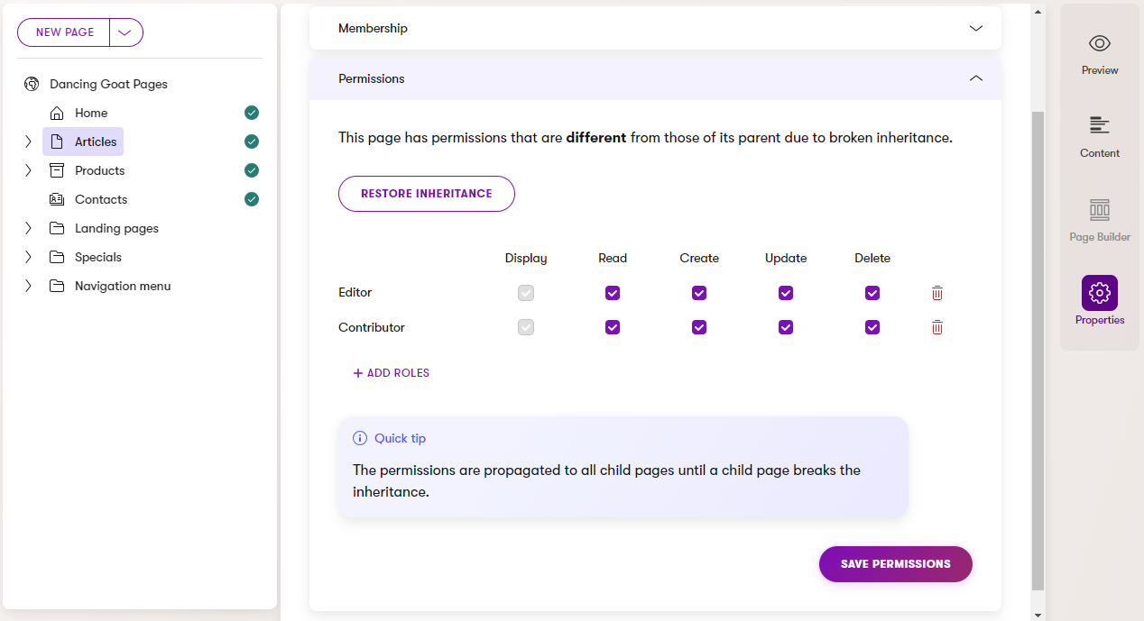 Edit page permissions