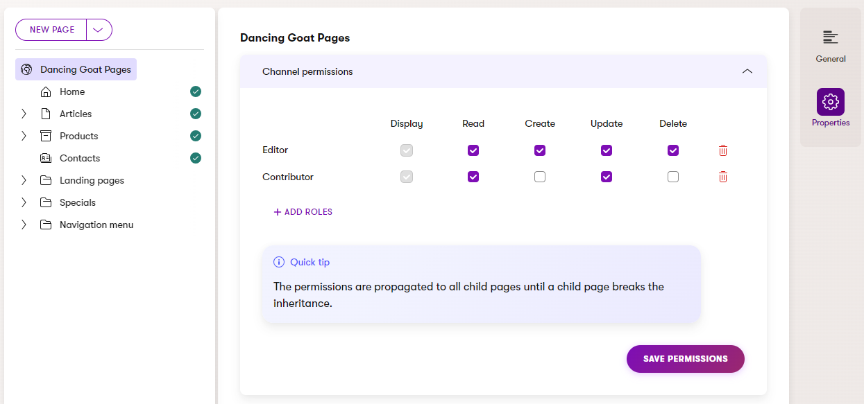 Page permissions for channel