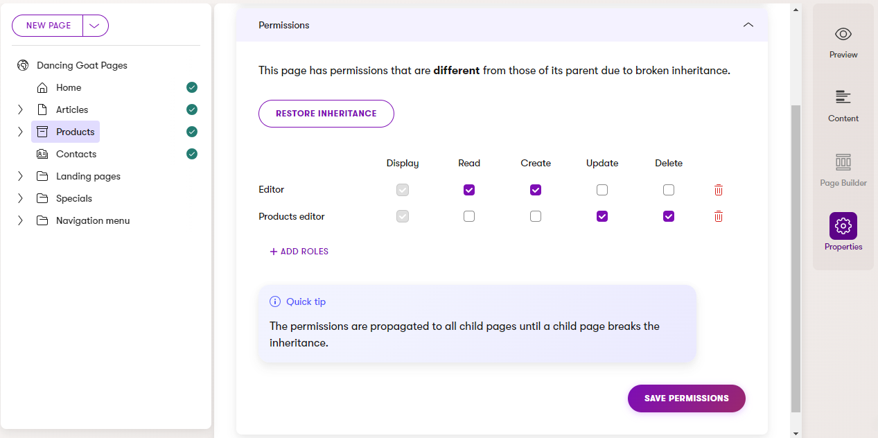 Add special roles for pages permissions