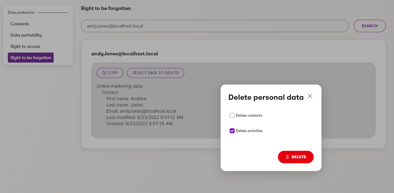 Deleting contact personal data in the Data protection application