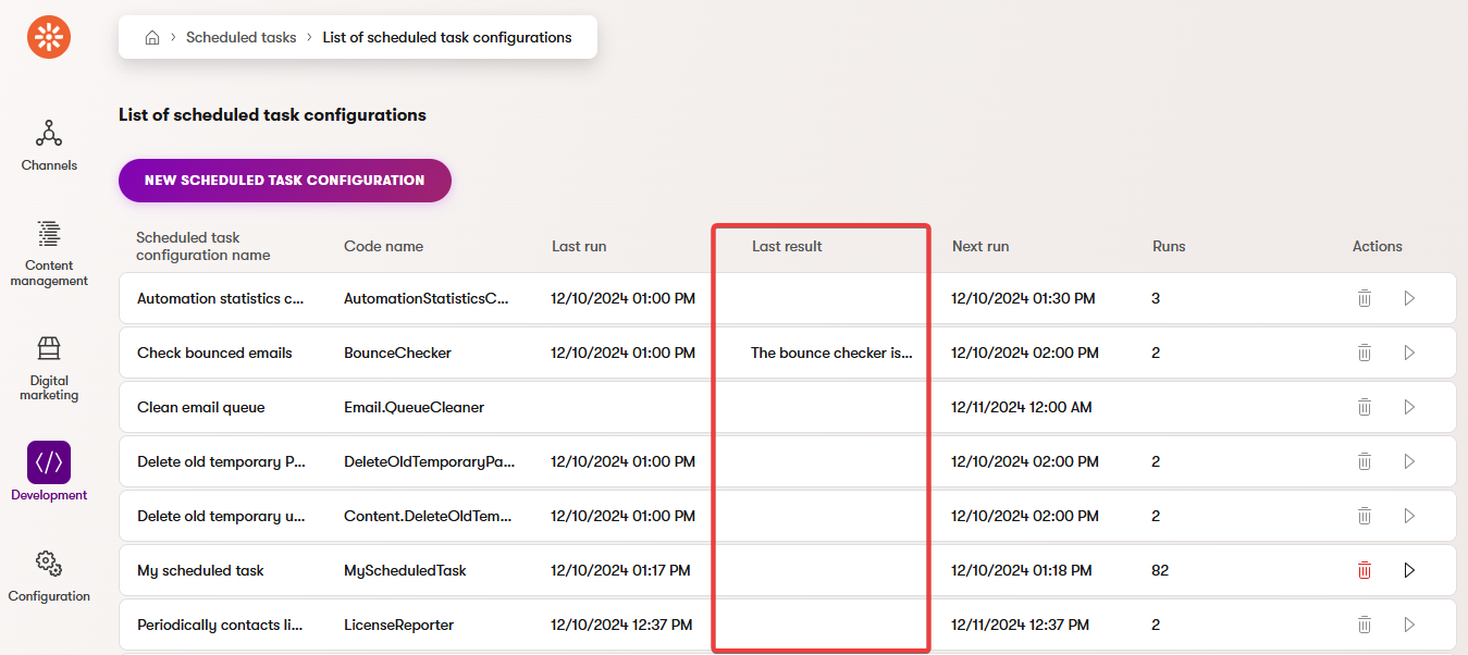 Task return values displayed in the Last result column