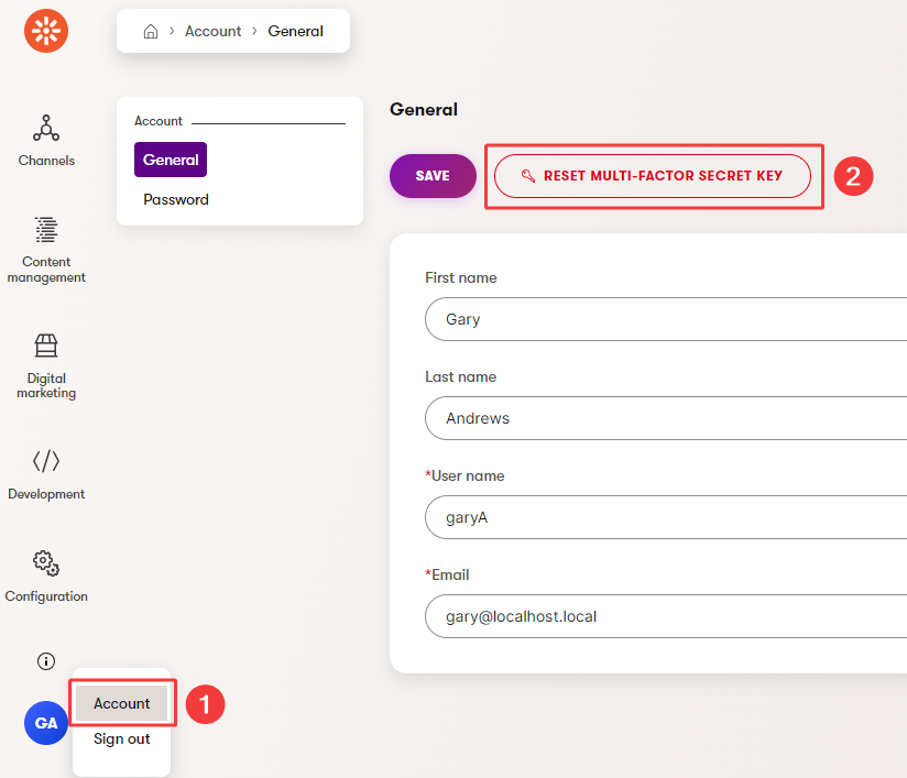 A user resetting their MFA secret key in the Xperience administration